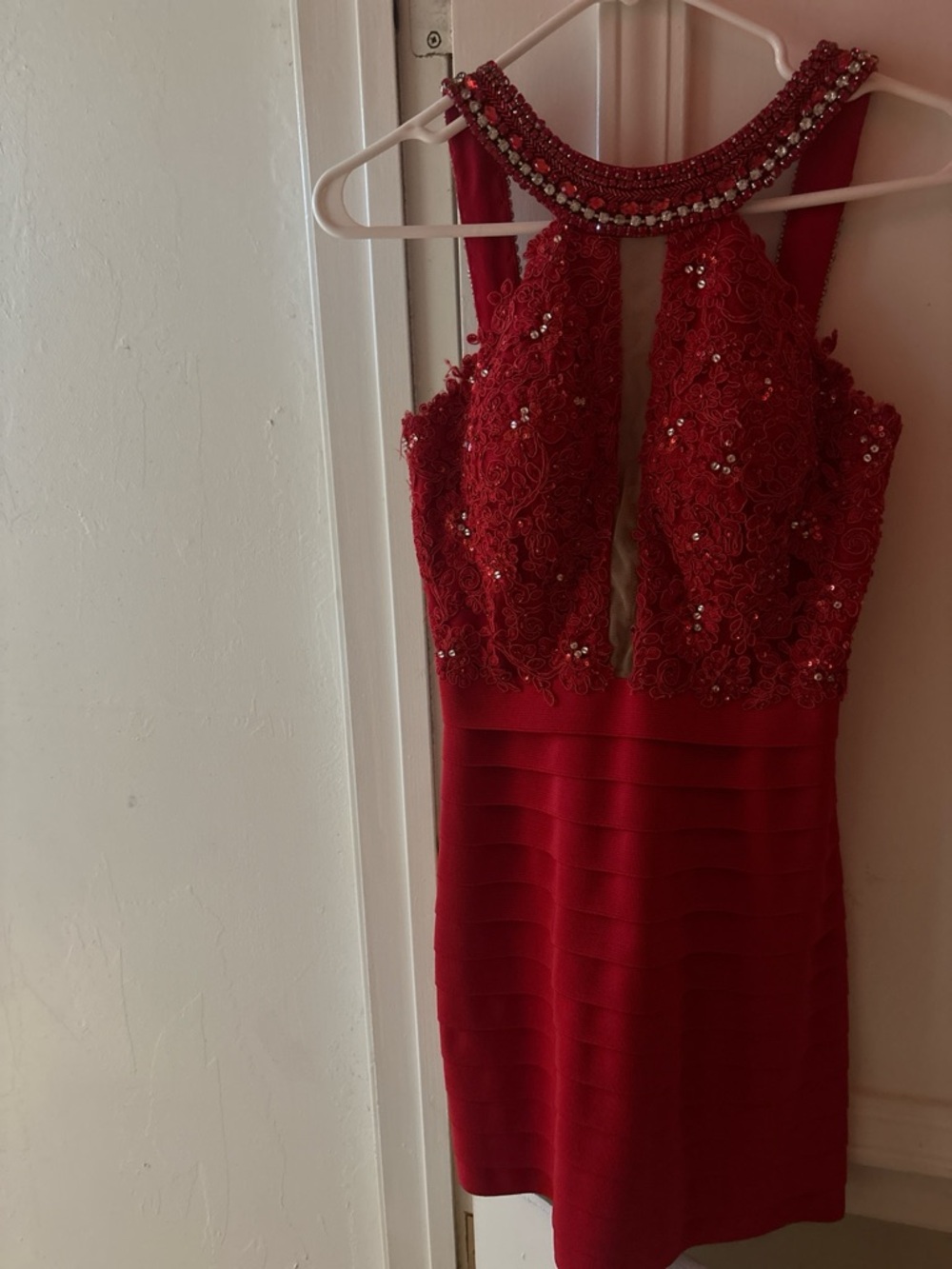 Sherri Hill Red Beaded Lace Mini Dress